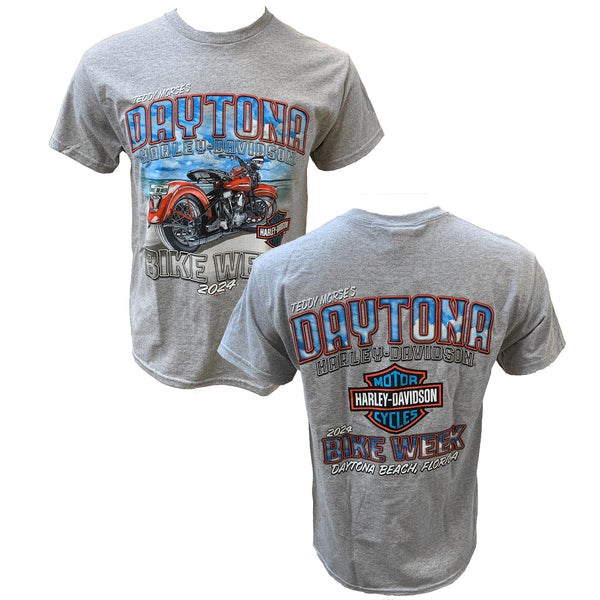 Teddy Morse's Daytona Harley-Davidson Men's Bike Week 2024 Beach Tracks Short Sleeve Shirt, Heather Gray