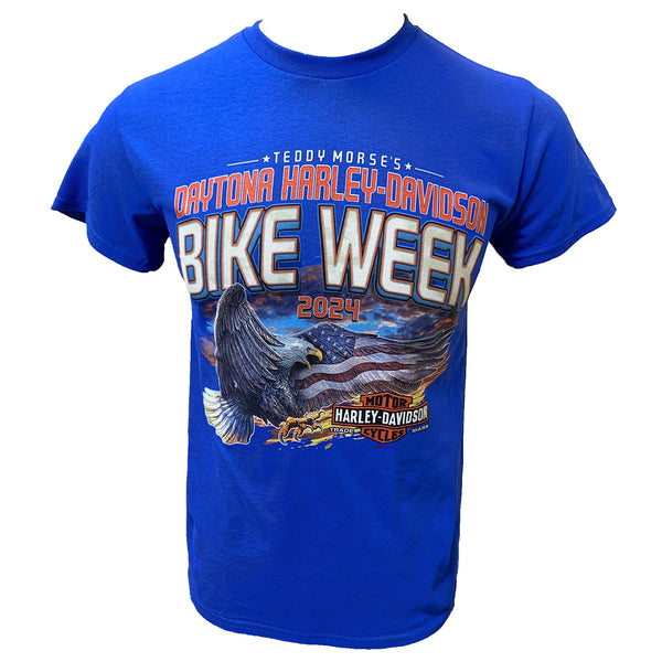 Teddy Morse's Daytona Harley-Davidson Men's Bike Week 2024 Patriotic Short Sleeve Shirt, Royal Blue