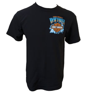 Black t-shirt with a Harley Davidson logo on a white background