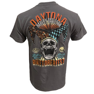 A dark gray short-sleeve t-shirt showing the back graphic, which features a large skull wearing a jester hat with orange, black, and blue details, and the text 'DAYTONA HARLEY-DAVIDSON BIKETOBERFEST'.