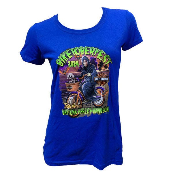 Teddy Morse's Daytona Harley-Davidson Women's Biketoberfest 2024 Beach Cruis'in Bob Short Sleeve Shirt, Blue