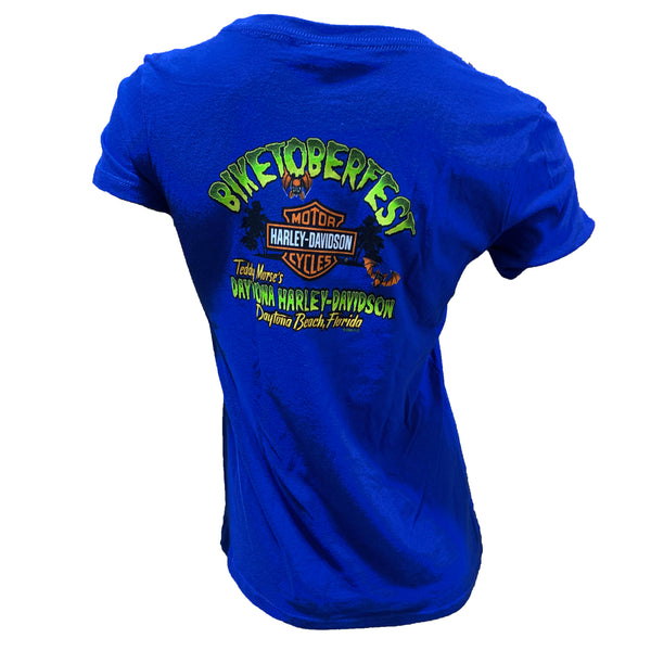 Teddy Morse's Daytona Harley-Davidson Women's Biketoberfest 2024 Beach Cruis'in Bob Short Sleeve Shirt, Blue