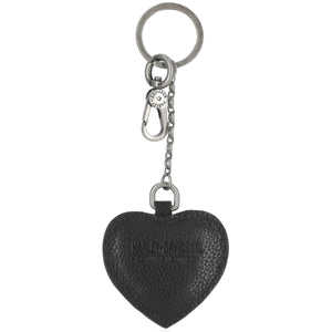 Black heart-shaped keychain with a chain on a white background