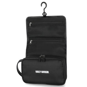 Black Harley-Davidson travel bag with a hanging hook on a white background
