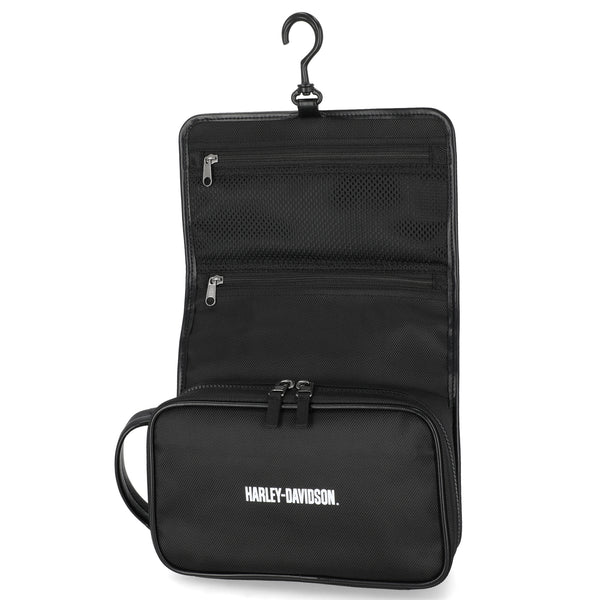 Black Harley-Davidson travel bag with a hanging hook on a white background