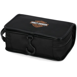 Black toiletry bag with Harley-Davidson logo on a white background