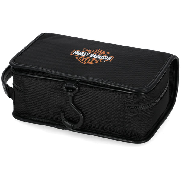 Black toiletry bag with Harley-Davidson logo on a white background