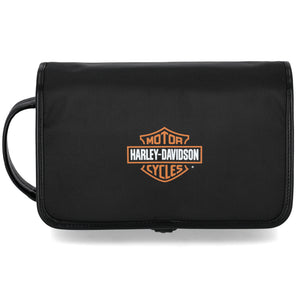 Black Harley-Davidson bag with orange logo on a white background
