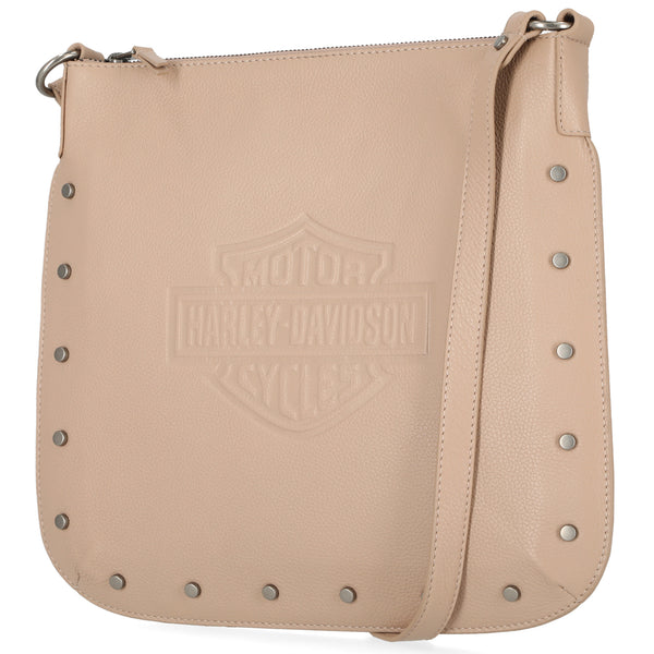 Harley-Davidson Women's Flat Studded Bar & Shield Crossbody Bag, Tan MHW044