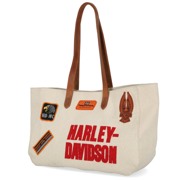 Harley-Davidson Women's Summer Iconic Patches Canvas Leather Straps Tote Bag, MHW057
