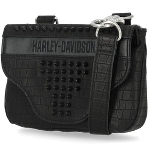 Black studded handbag with 'Harley-Davidson' branding on a white background