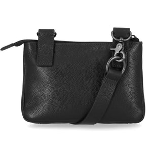 Black leather handbag with a strap on a white background