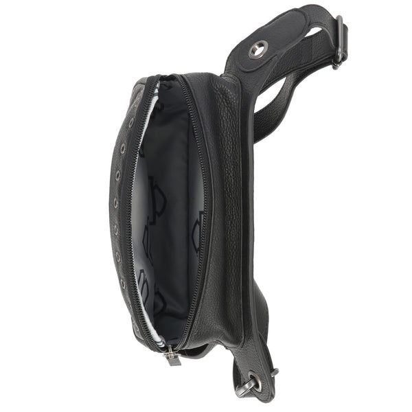 Black leather crossbody bag with visible brand logo on a white background