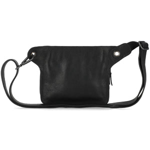 Black leather crossbody bag on a white background