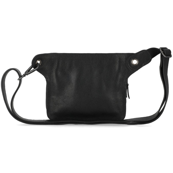 Black leather crossbody bag on a white background