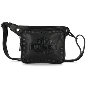 Black leather crossbody bag with Harley Davidson logo on a white background