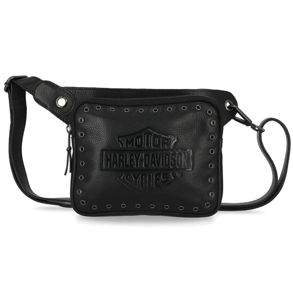 Black leather crossbody bag with Harley Davidson logo on a white background