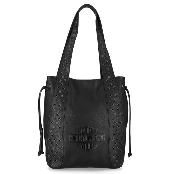 Harley-Davidson Women's Embossed B&S Logo Eyelet Top Zipper Tote Bag, Black MHW125/08