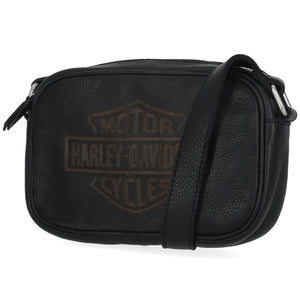 Black leather crossbody bag with Harley-Davidson logo on a white background