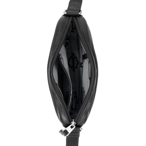 Black leather crossbody bag with visible brand logo on a white background