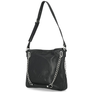 Black shoulder bag with skull design and chain details on a white background
