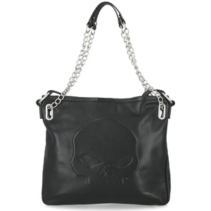 Black leather handbag with skull design and chain strap on a white background