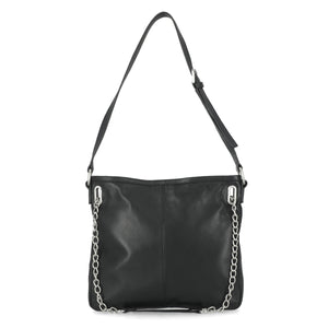 Black leather handbag with chain details on a white background