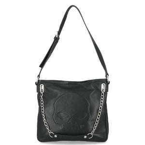 Black leather handbag with skull design and chain details on a white background