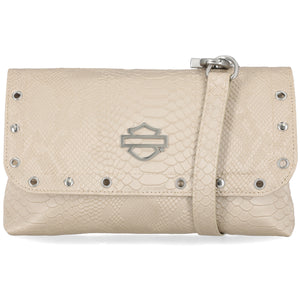 Beige handbag with studded details and a logo on a white background