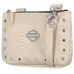 Beige leather pouch with silver studs and a logo on a white background