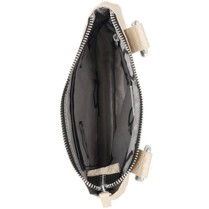 Black pouch with beige zipper and trim on a white background