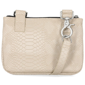 Beige textured handbag with a strap on a white background