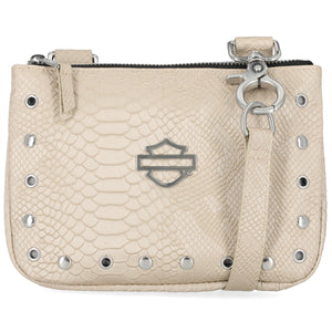 Beige leather pouch with studded details and a brand logo on a white background