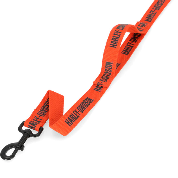 Orange dog leash with black 'Harley-Davidson' branding on a white background