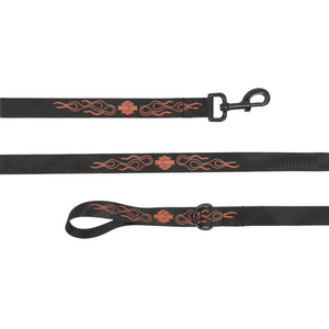 Two black pet leashes with orange flame designs and Harley-Davidson logos, displayed on a white background.