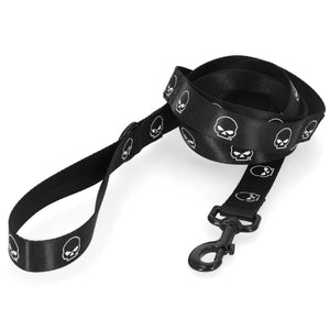 A black dog leash with a repeating white skull pattern, featuring a black plastic swivel snap hook clasp, shown on a plain white background.
