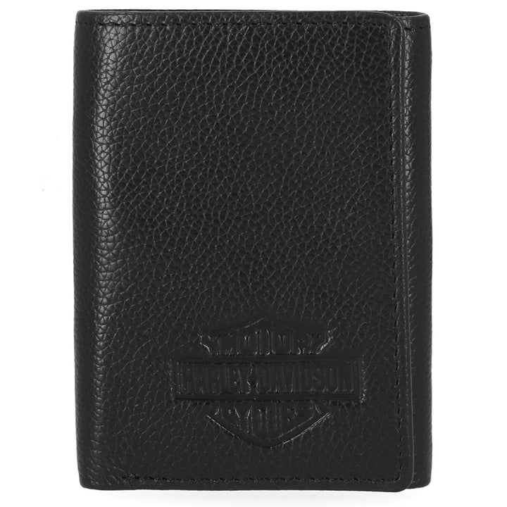 Harley-Davidson Men's Classic Bar & Shield Logo Genuine Pebble Leather Tri-Fold Wallet, Black MWM006/08