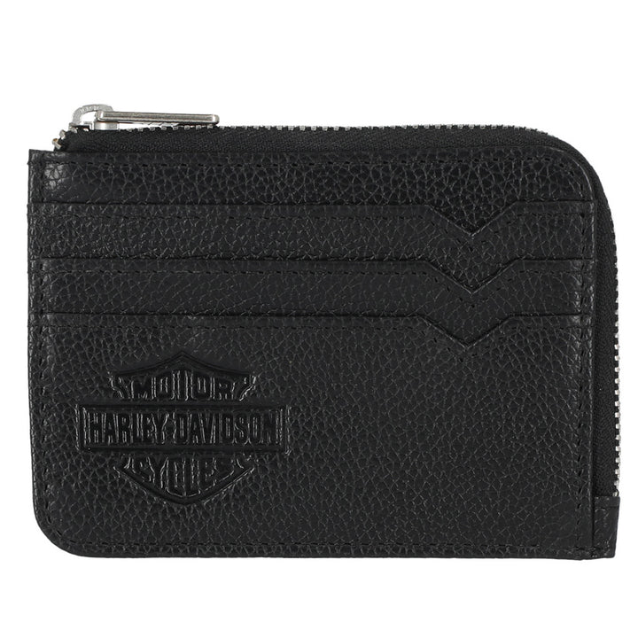 Harley-Davidson Men's Classic Bar & Shield Genuine Pebble Leather Zip Card Case Wallet, Black MWM007/08