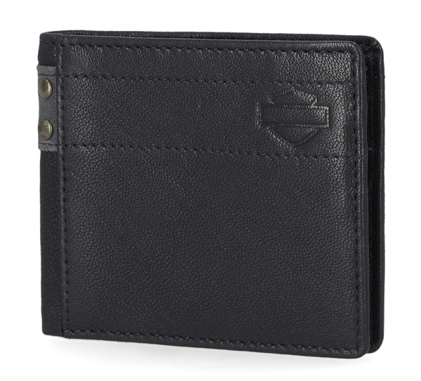 Harley-Davidson Men's Genuine Leather With Calvary Canvas Trim Billfold Wallet, Peacoat MWM035/84