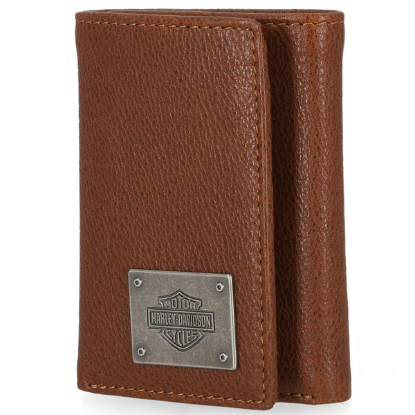 Harley-Davidson Men's Bar & Shield Plate Tri-Fold Leather Wallet MWM044, Brown