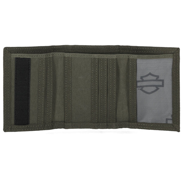 Green trifold wallet with a brand logo on a white background