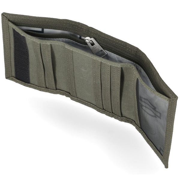 Green tactical pouch with multiple compartments on a white background