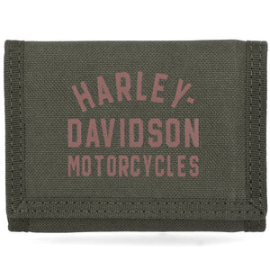 Green wallet with 'Harley-Davidson Motorcycles' text on a white background