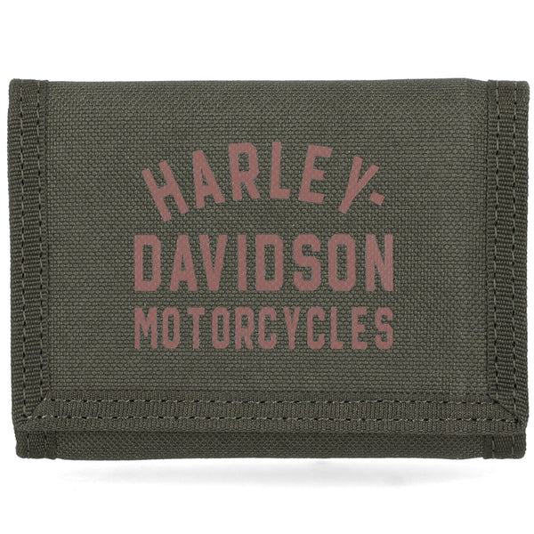 Green wallet with 'Harley-Davidson Motorcycles' text on a white background