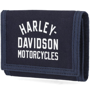 Navy blue wallet with 'Harley-Davidson Motorcycles' text on a white background
