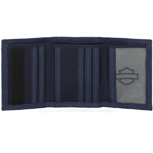 Navy blue trifold wallet with a brand logo on a white background