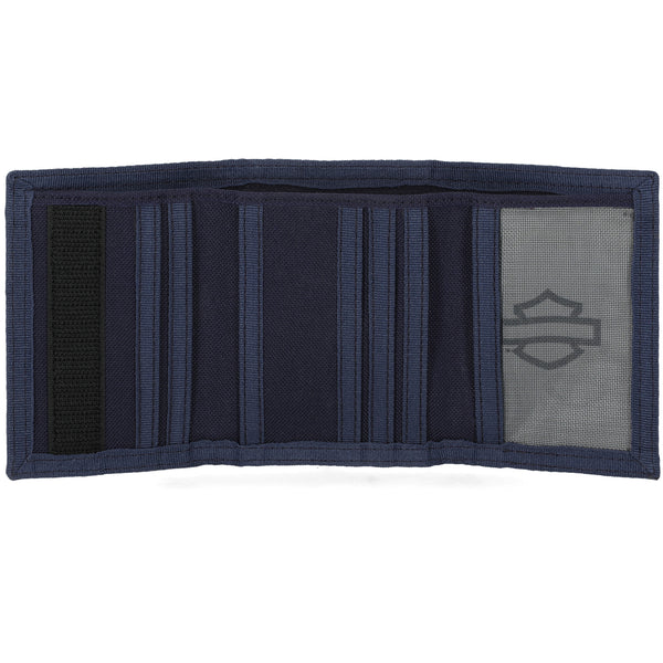 Navy blue trifold wallet with a brand logo on a white background