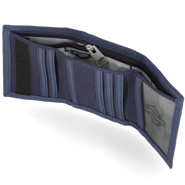 Navy blue wallet with multiple compartments on a white background