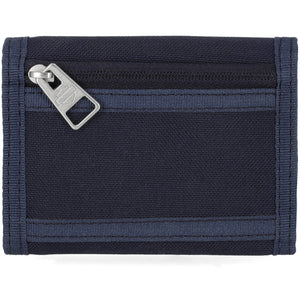 Navy blue wallet with a zipper on a white background