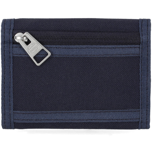 Navy blue wallet with a zipper on a white background